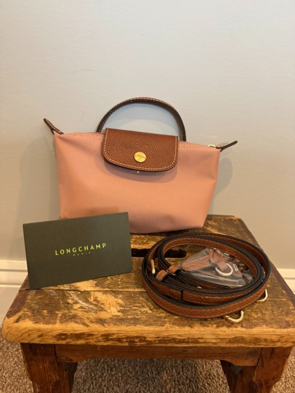 Authentic Longchamp Le Pliage Cosmetics Case Mini Bag Pink Tea w/Crossbody Strap